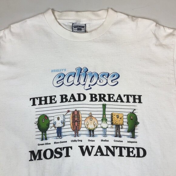 Vintage Wrigleys Eclipse Polar Ice Gum Bad Breath Most Wanted T-Shirt Large USA - Picture 3 of 10